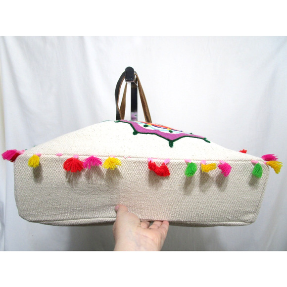 Twos Company Large Boho Ivory Canvas Multicolor Tassel Shoulder Tote Bag - Picture 10 of 12